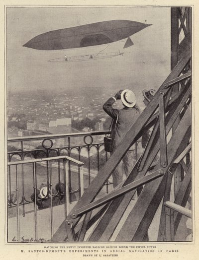 M Santos-Dumonts experiment med flygnavigering i Paris av Louis Remy Sabattier